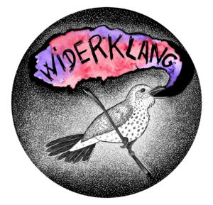 Die Zeichnung eines Vogels, der "Widerklang" singt.